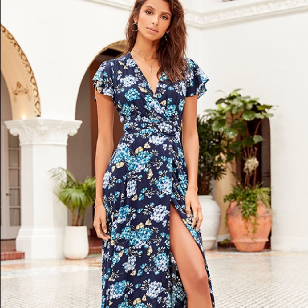 Hydrangea Hideout Blue Floral Print Wrap Maxi